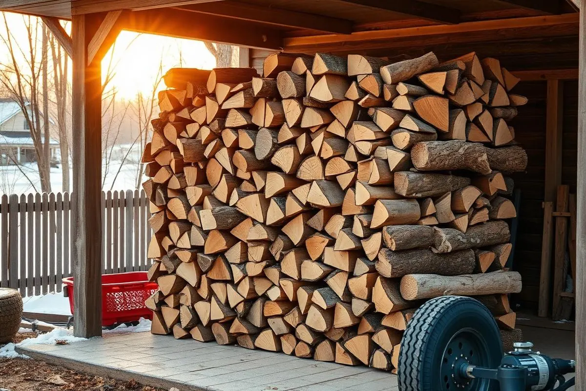 Bois de chauffage cordé proprement dans une remise