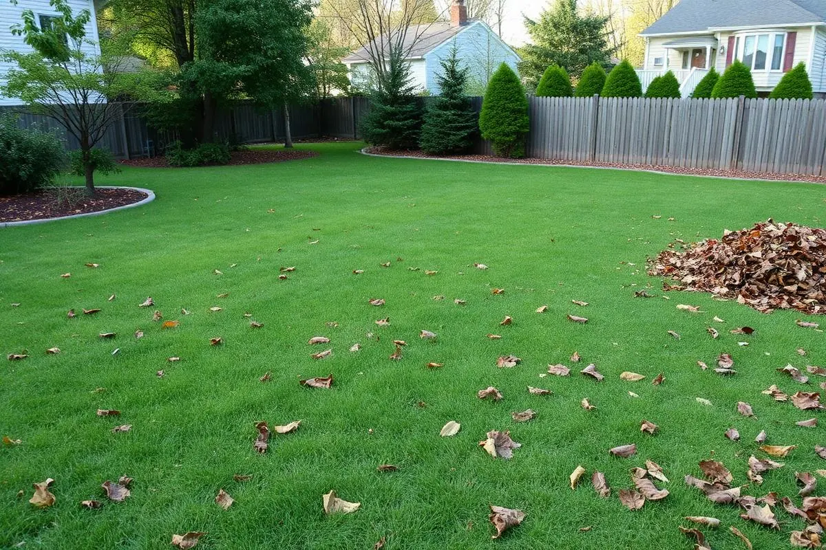 Grand terrain dégagé avec feuilles ramassées en tas
