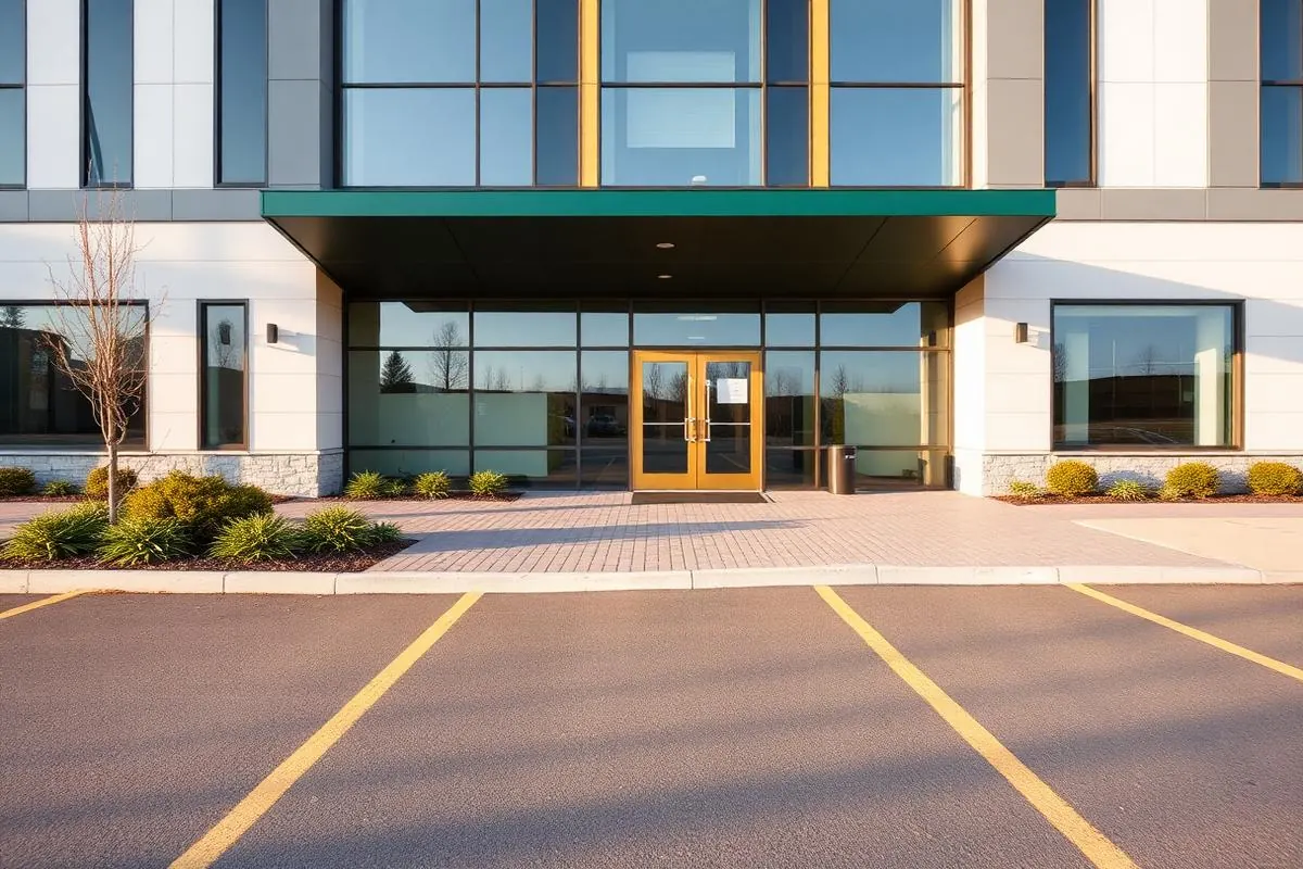 Façade d'immeuble commercial avec entrée et stationnement propres
